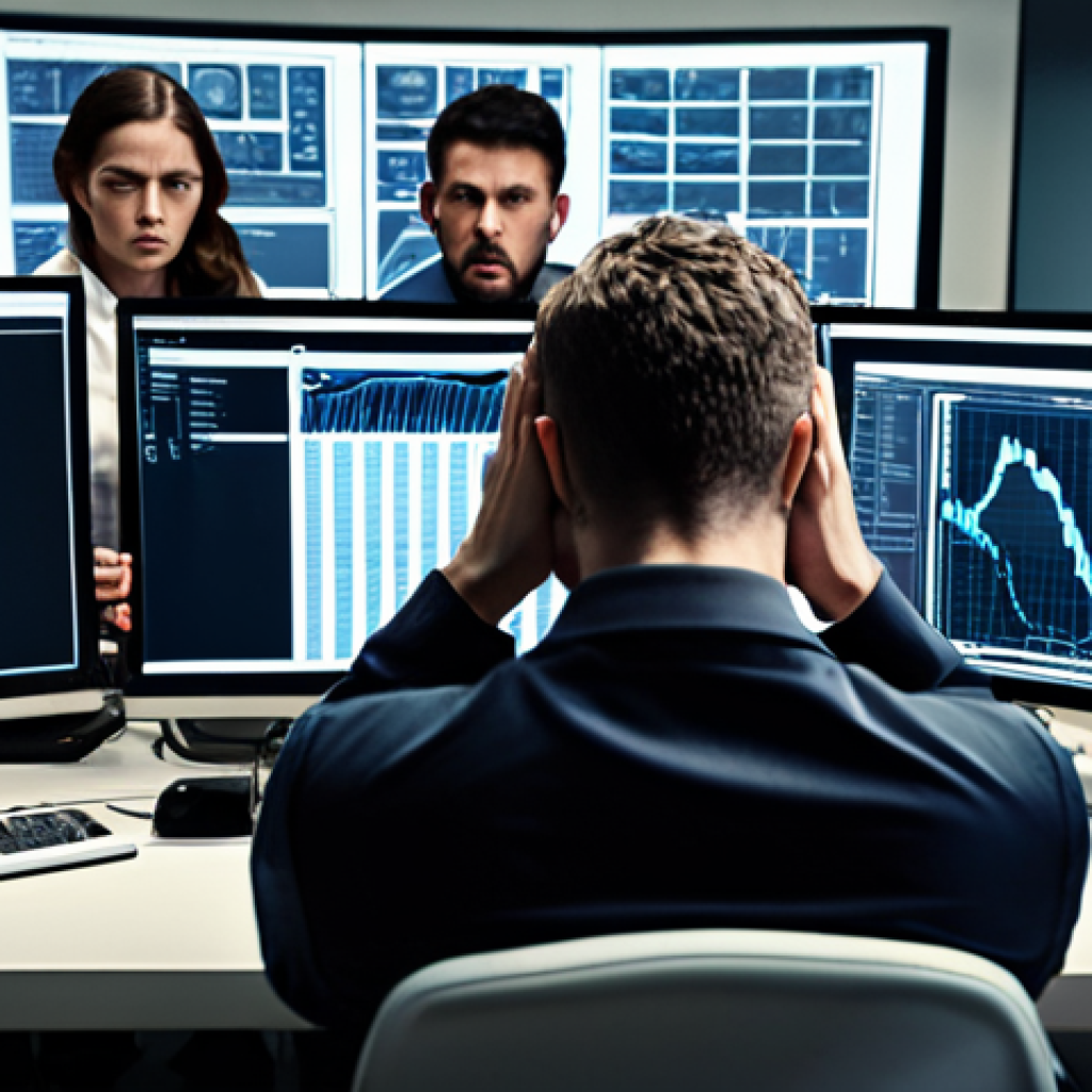 **Prompt:** A frustrated team surrounded by complicated software interfaces, with one person looking overwhelmed at a screen filled with data. The scene should emphasize the disconnect between technology and the human element in a business transformation. Style: Realistic, slightly desaturated colors.
