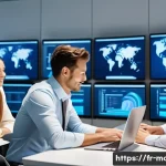 Home 16 컨설팅 관련 최신 소프트웨어 - A modern consulting team collaborating in a sleek, bright office space with multiple digital screens...
