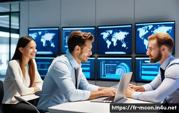 컨설팅 관련 최신 소프트웨어 - A modern consulting team collaborating in a sleek, bright office space with multiple digital screens...