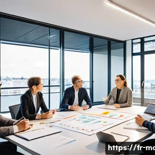 Home 15 컨설팅 관련 추천 도서 - A professional consulting workshop scene in a modern Parisian office, featuring a diverse group of c...