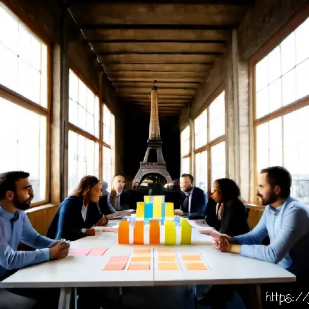 경영컨설팅과 창의적 문제 해결 - Photorealistic management consulting workshop in a sunlit Paris coworking loft, diverse French busin...