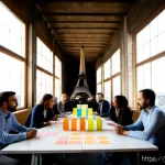 경영컨설팅과 창의적 문제 해결 - Photorealistic management consulting workshop in a sunlit Paris coworking loft, diverse French busin...