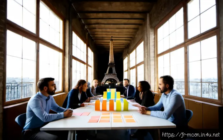 경영컨설팅과 창의적 문제 해결 - Photorealistic management consulting workshop in a sunlit Paris coworking loft, diverse French busin...