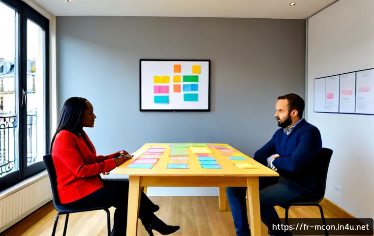 SWOT 분석과 전략 도출 - Photorealistic strategic planning meeting in a bright modern French small-business office, diverse a...